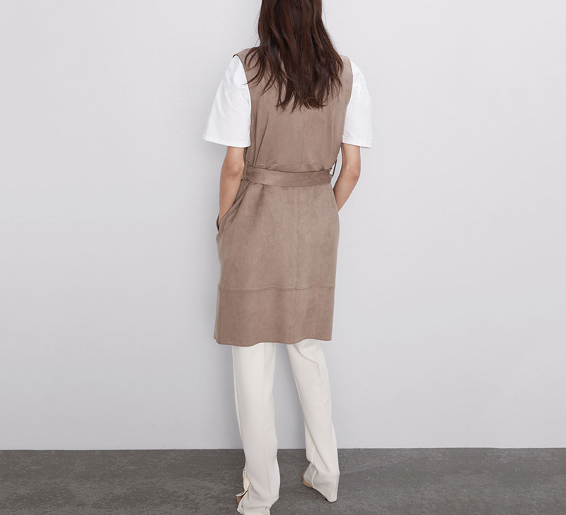 

suede women vest coat bow tie belt notched collar waistcoat pockets female outwear solid long tops gilet femme, Photo color