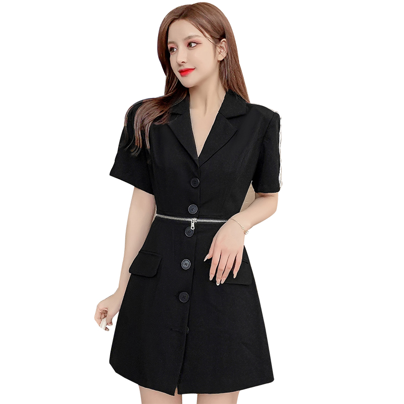 

2020 Women Summer New French Retro Fashion Two Wear Fight Receiving Waist School Uniform Suit V-neck Short Sleeve Korean Dress, White