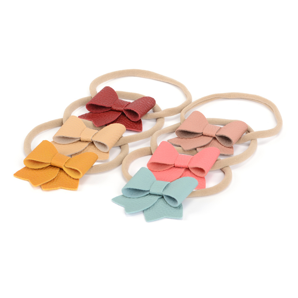 Nylon Headband 2.5inch Faux Leather Bow Stretchy Headband for Baby Pack of 6PCS
