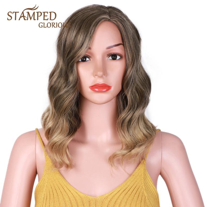 

Stamped Glorious 16inches Side Part Nature Wave Wig Ombre Brown Blonde Wig Synthetic Short Wigs for Black Women