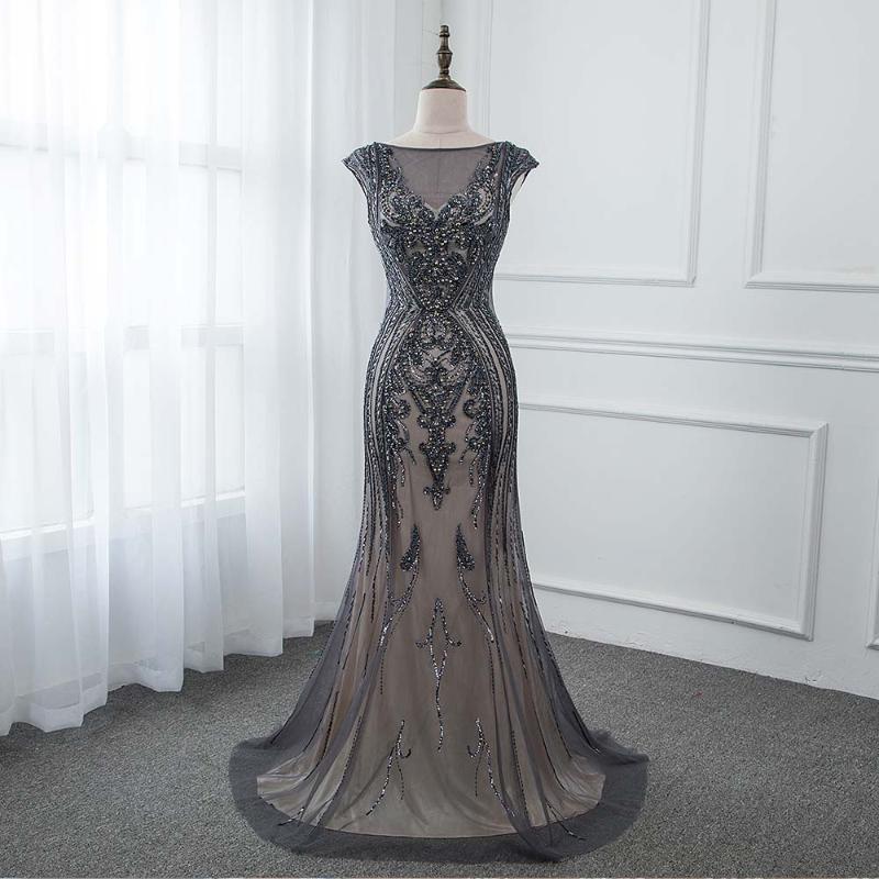 

Classic Black Crystals Long Evening Dresses Mermaid Tulle Evening Gown Formal Dress YQLNNE