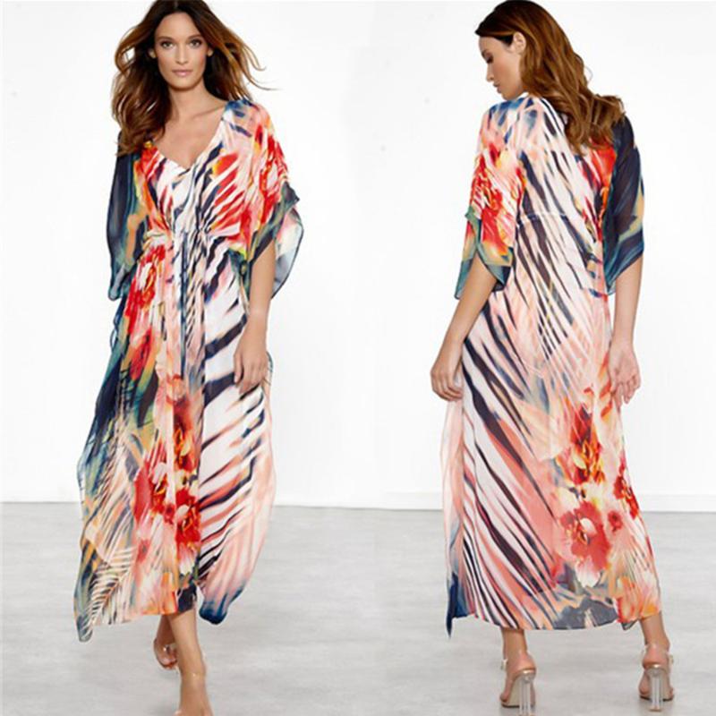 

Oversize Chiffon Bohemian Bikini Cover Up Women Floral Printed Kaftan Long Tunic Mujer Maxi Beach Dress Bathing Suit Beach Wear