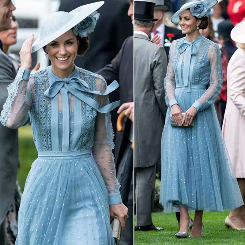 

Kate Middleton Long Dress High Quality Women Fashion Work Party Sexy Vintage Elegant Chic Embroidery Long Sleeve Dresses, Blue