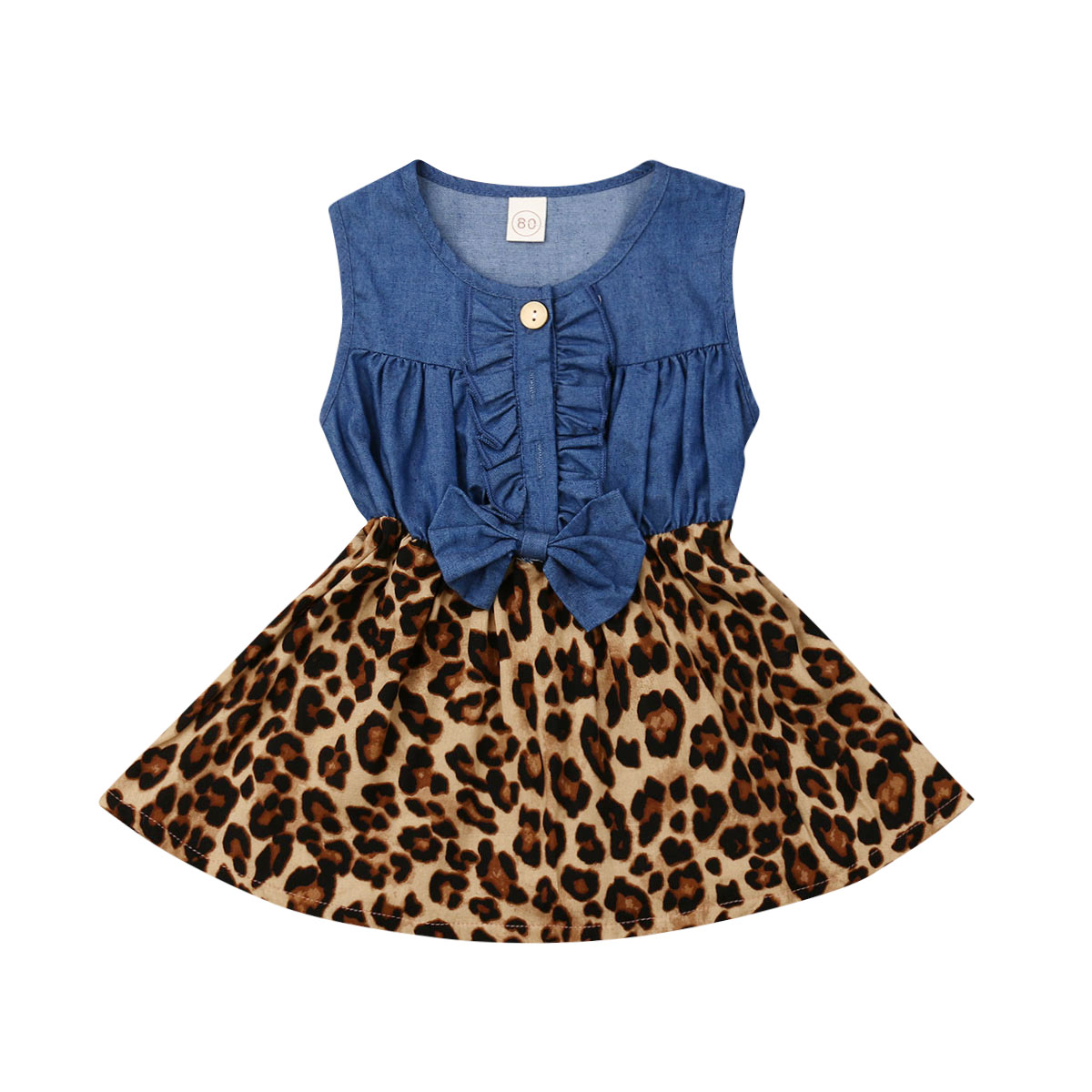 Retro Kids Girls Dresses Cute Baby Girl Leopard Denim Patchwork Princess Dress Summer Sleeveless Bow Party Dress Sundress 6M-5T-image-471481704
