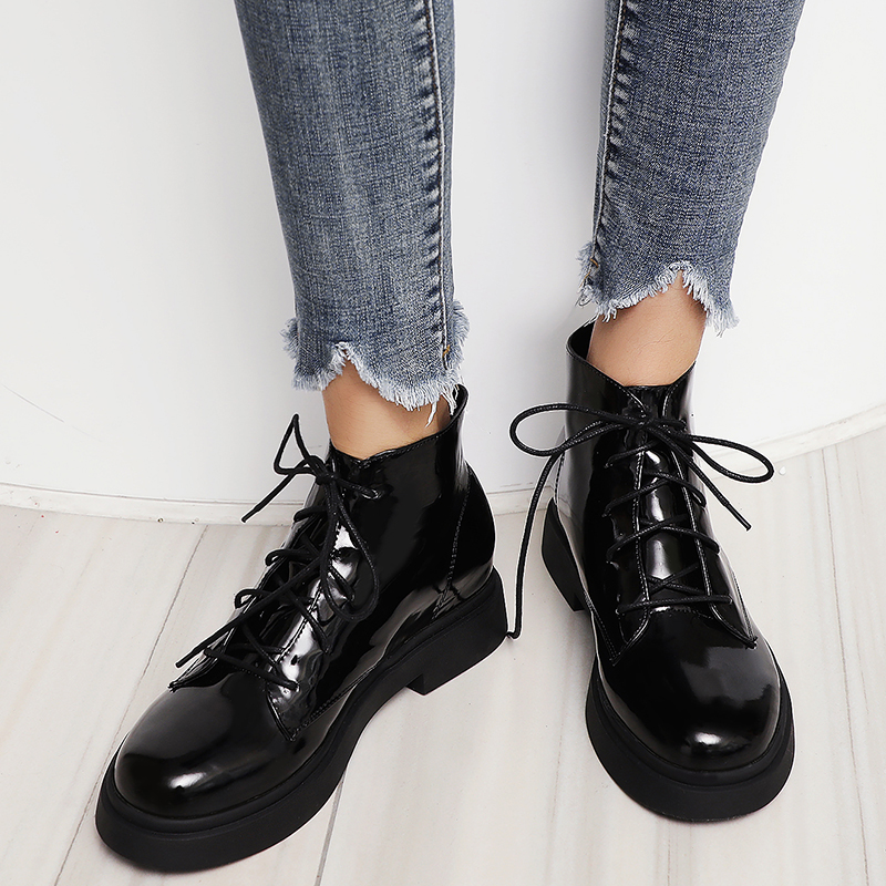 

Hot Sale-Rimocy Patent Leather Ankle Boots for Women Thick Bottom Lace Up Waterproof Shoes Woman Black Chunky Platform Zapatos De Mujer