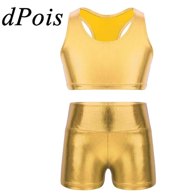 

Girls Set Shiny Metallic Racer Back Sleeveless Tanks Crop Top + High Waist Shorts for Workout Ballet Gymnastic Kid Dance Costume, Blue