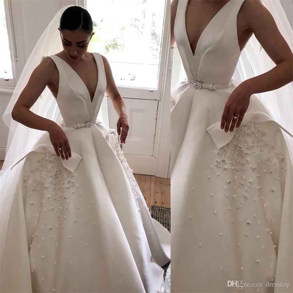 

2020 Boho A Line Wedding Dresses V Neck Backless Appliqued Satin Bridal Gowns Sweep Train vestito da sposa Wedding Dress Custom, Pink