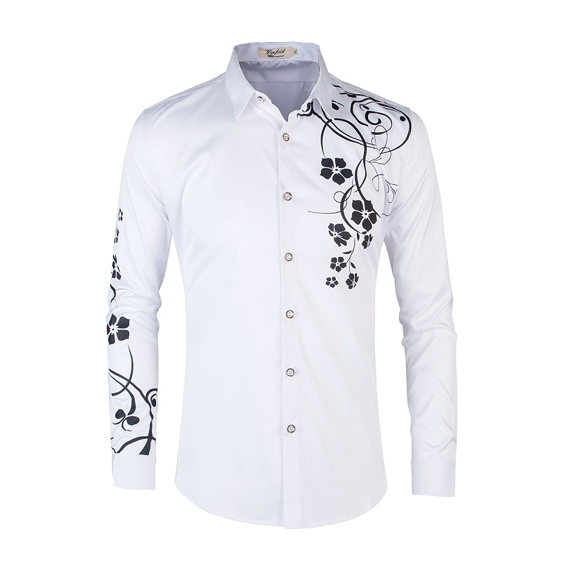 

2019 autumn men shirt long sleeve Asia size S-5XL flower shirt men Fashion casual mens dress shirts, Black