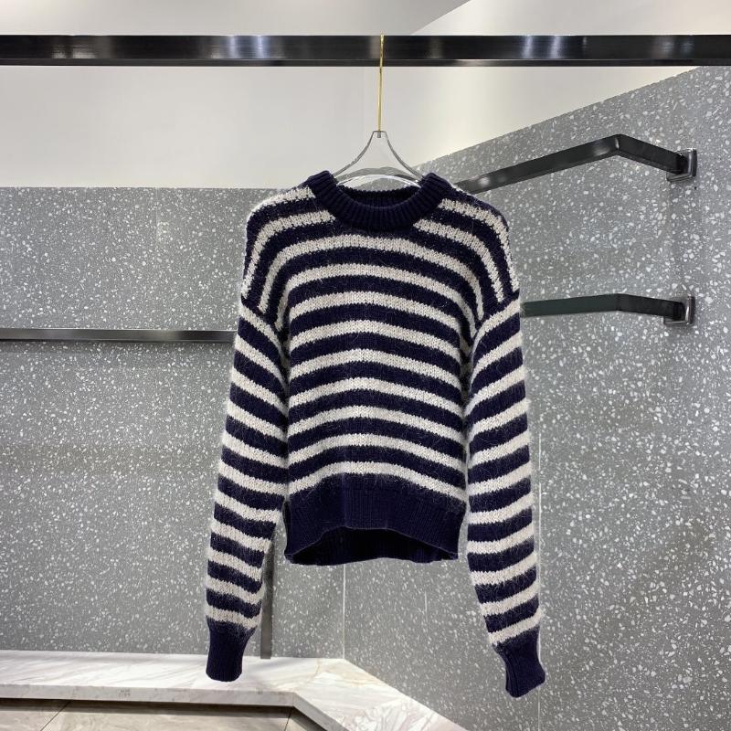 

2019 New Ladies Fashion Long Sleeve Striped Mohair Sweater 1220, Navy blue