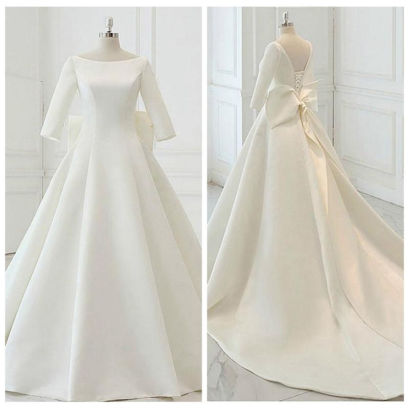 

2020 Simple Satin Wedding Dresses 3/4 Long Sleeves Bow Lace Up Back Cathedral Train Wedding Gown Custom Made Vestido de novia, Custom made from color chart