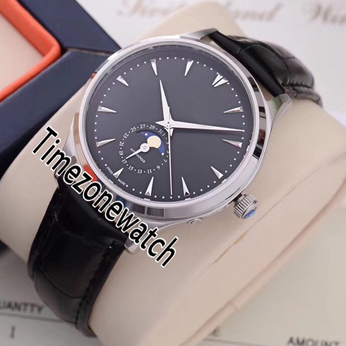 

Master Ultra Thin Q1368470 Automatic Mens Watch Steel Case Black Dial Real Moon Phase Stick Markers Black Leather Strap Timezonewatch E69a1, Custom waterproof