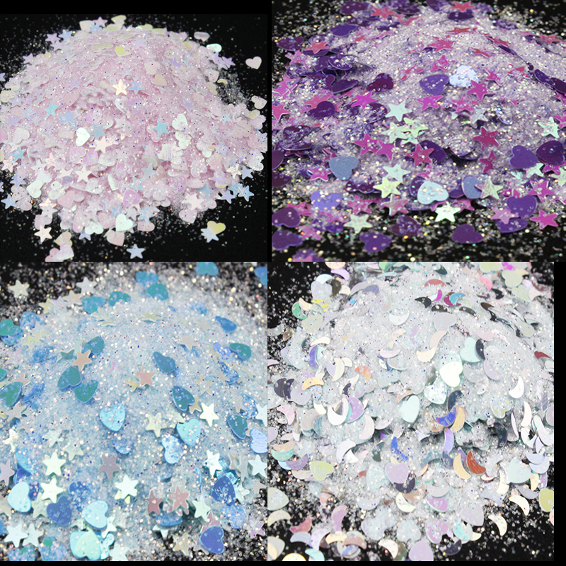 

50g Nail Glitter Mix 0.2-3m Holographic Star Heart Moon Mixing 1-3mm &Powder Glitter For Laser Dust Nail Decoration#MD13