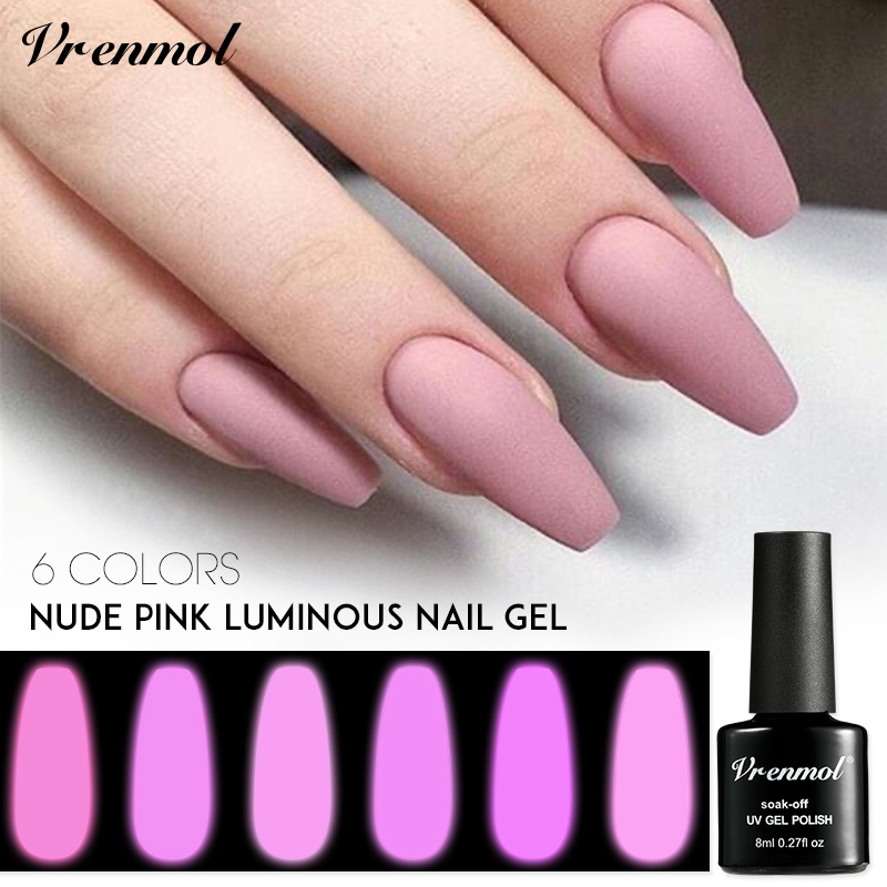 

Vrenmol Luminous Pink Gel Polish Varnishes Soak Off UV Gel Lacquer Hybrid glow in the dark need primer for nails art, Base coat
