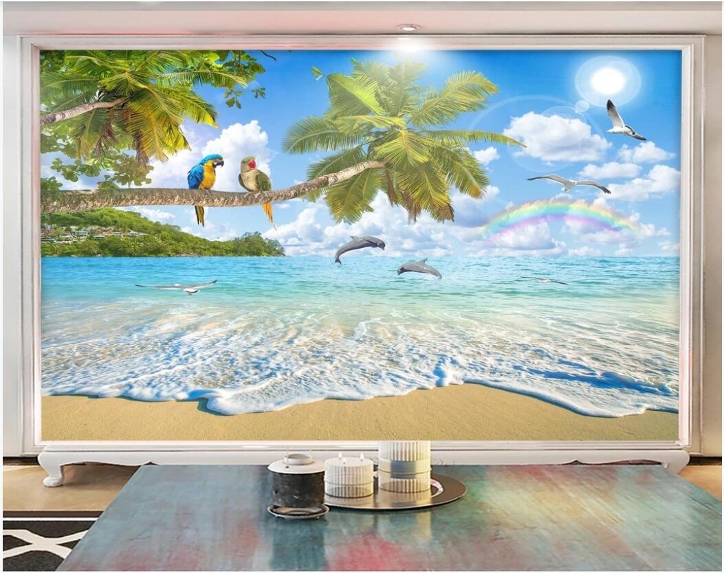 

3d room wallpaper on a wall custom photo mural Mediterranean natural scenery coconut tree dolphin TV background wall wallpaper for walls 3 d, Non-woven fabric