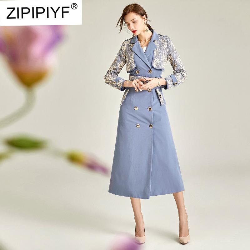 

2020 Spring Lace Patchwork Fashion Trench Women Streetwear Turn-down Collar Double Breasted Female Knee-Length Trench Coat Y42, Blue