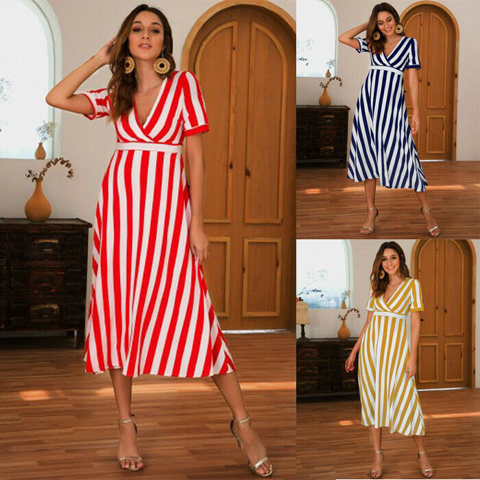 

Fashion Women Boho Short Sleeve Striped Mexi Dress V-Neck High Waist Dress, Blue