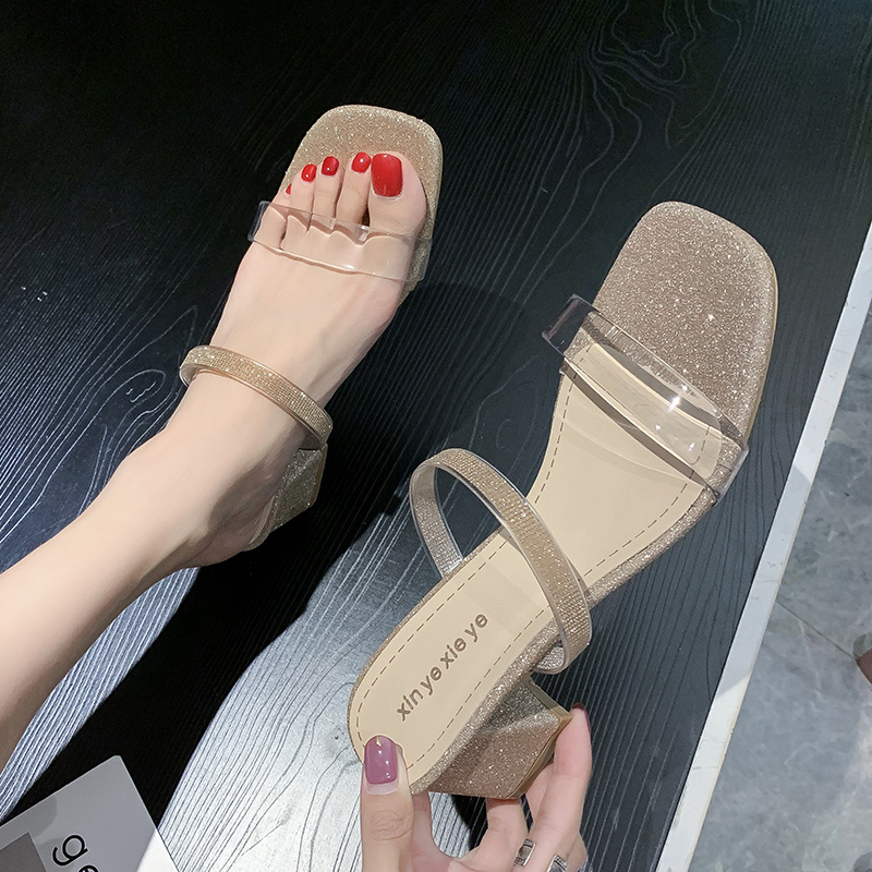 

Glitter Bling PVC Women Sandals Fashion Design Thick Heels Womens Gold Slippers Classic Square Toe Wedding Sandals Mules Slides, Pink