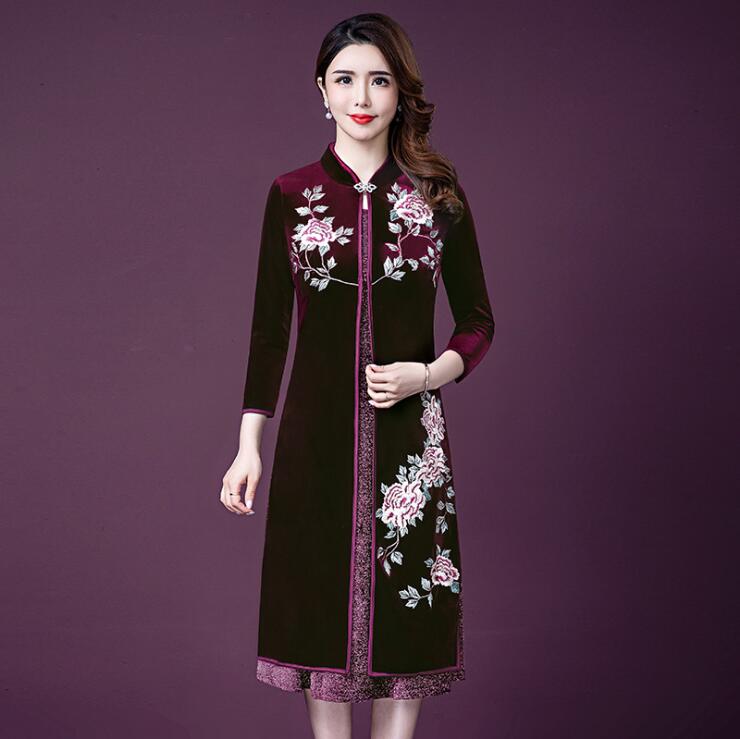 

Vintage Mother's cheongsam Aodai rich middle-aged cheongsam spring autumn new long elegant female westernized two-piece dress high quality, Purple red