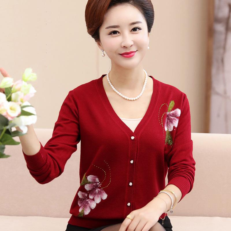 

2020 Spring Autumn Middle Aged Women Mother Clothing Female Knitted Sweaters Floral Cardigan Coats New Casual Thin Outwear H309, Red
