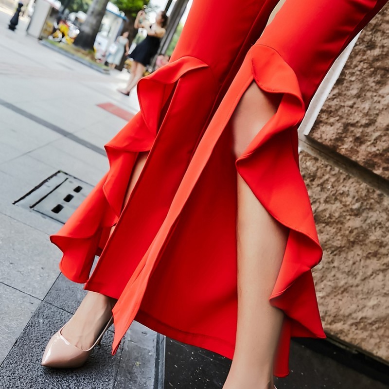

Elegant High Waist Split Ruffles Flare Women New Summer Loose Fashion Black Office Flared Trousers Wide Leg Pants