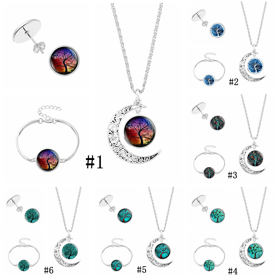 

Tree of Life Moon necklace Bracelet Stud Earrings For Women Glass Cabochon plant Pendant charm Mens Fashion Jewelry Set in Bulk, Remark color in order