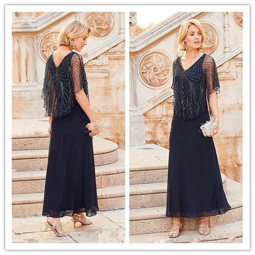 

2019 Custom Made Navy Blue Chiffon Mother Of The Bride Dresses With Short Cap Sleeve V-NeckTea Length Plus Size DTJ