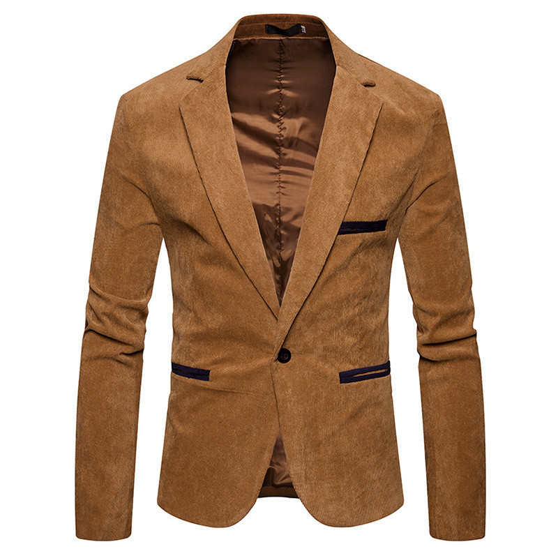 

V Neck Long Sleeve Mens Corduroy Blazer Fashion Single Button Solid Color Mens Suits Jacket Spring Male Apparel, Khaki