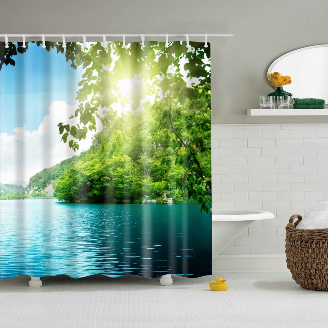 2# 180 x 180 cm NIBESSER Rideau de Douche 180 x 200 et 180 x 180 cm avec 12 Anneaux de Rideau de Douche Anti-moisissure et imperm/éable /à leau avec Impression num/érique 3D Vert