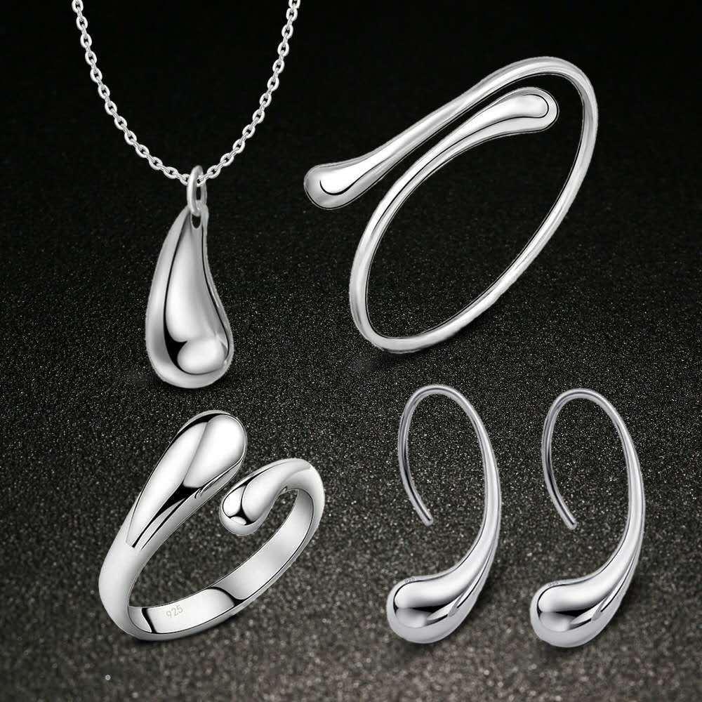 

Hot Sale 925 sterling silver plated water drop necklace & earrings & bangles & Rings Fashion Jewelry Set wedding gift free shipping, Golden