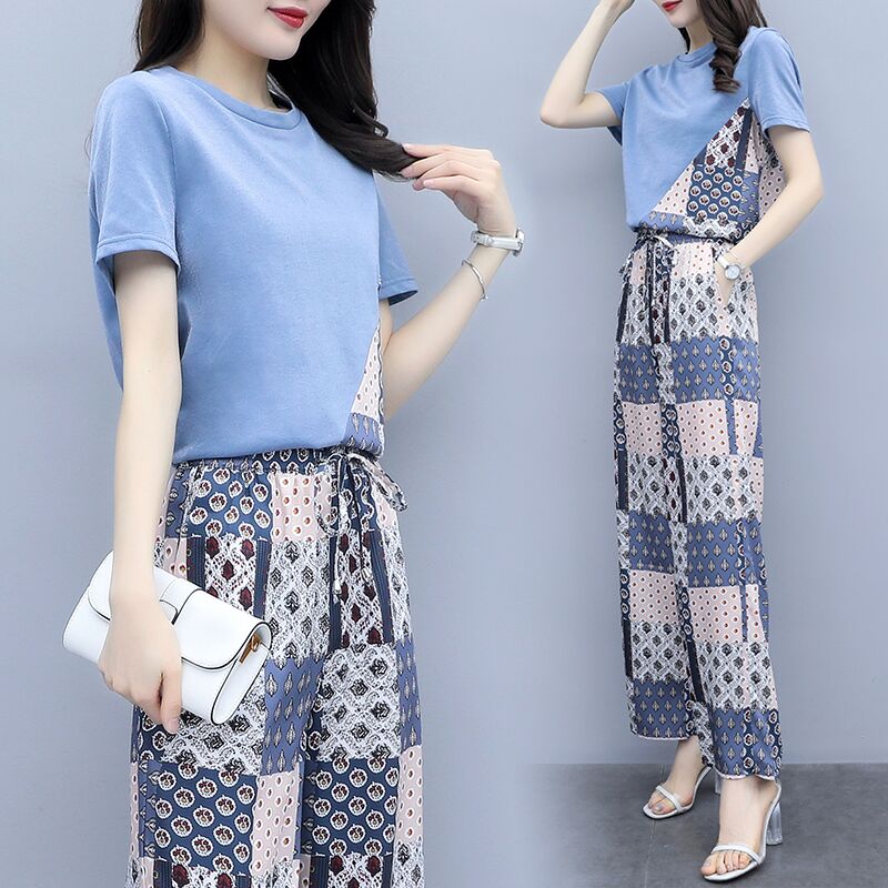 

Leisure Floral Print Two Piece Set 2 Piece Outfits For Women Clothes 2020 Ensemble Femme Deux Pieces Chiffon Women' Tracksuits, Blue