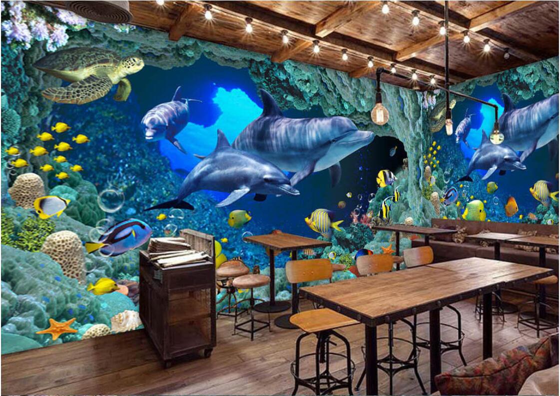 

3d room wallpaper custom photo non-woven Blue Underwater World Dolphin Theme Restaurant Bar Wall murals wallpaper for walls 3 d, Picture shows