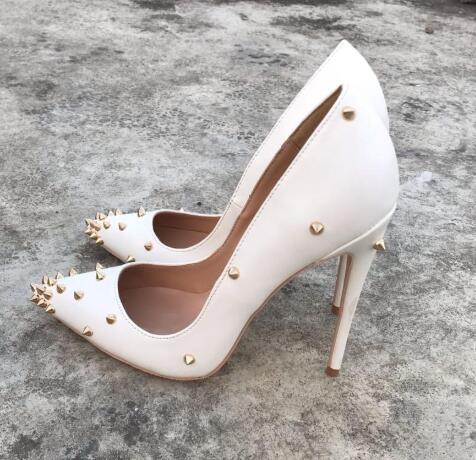 

Hot Sale-fee new style Casual Designer white matte leather studded spikes point toe high heels shoes pumps bride wedding party shoes, Heel 10cm