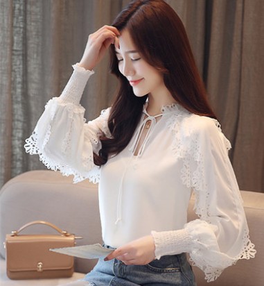 

New Hot Sale Special Women Office Blouses White Chiffon Shirt Loose Long Sleeves Shirt Female Burning Flower Hollow Chiffon Top Tide Shirts