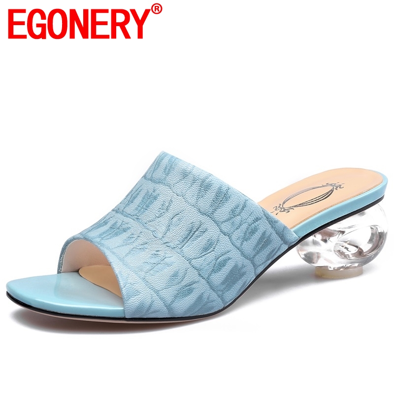 

EGONERY sheepskin print slides women slippers summer blue sandals 4.5cm med crystal heels genuine cow leather mules shoes, Black