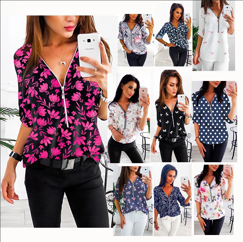 

summer kimono shirts women 2020 women shirts woman clothes ladies tops blouse printing v-neck Zipper Indie Folk, Cross point