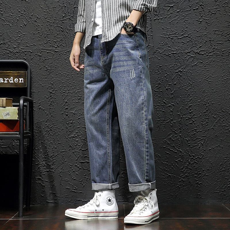 

Spring 2020 new fashion casual men's large loose jeans cropped pants youth students straight tube Harun pants, See chart
