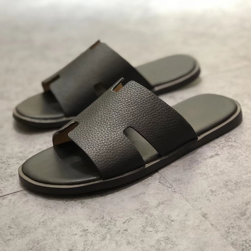 

New designer Men's half slipper Genuine Leather European Cowhide style sandals new men shoes loafers Large size slippers Size 38-45, Black