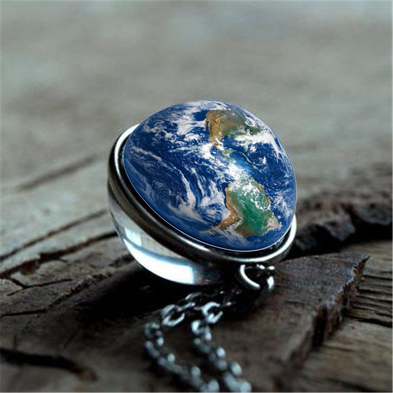 

2019 New Galaxy Earth Double-sided Glass Ball Pendant Necklace Universe Outer Space Art Picture Handmade DIY Choker Necklace