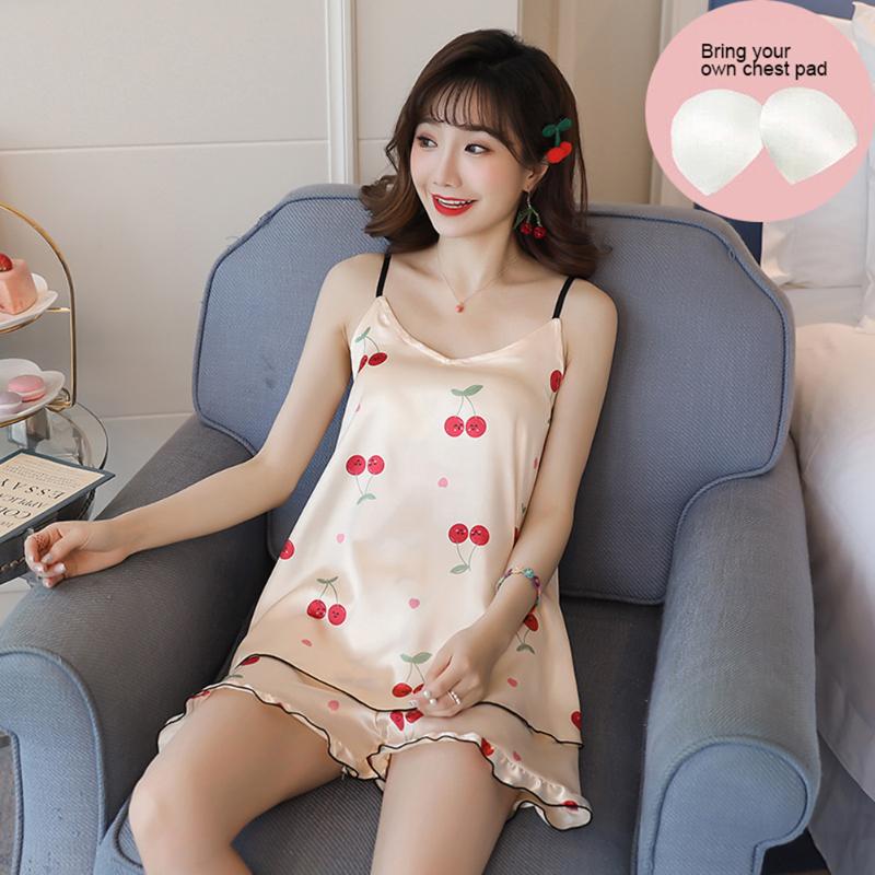 

Girl Nightdress Sling Top Ruffle Shorts Sleepwear Suit Women Print Lingerie Silk Satin Nightie Nightgown Sleeveless Home Suit, Blue