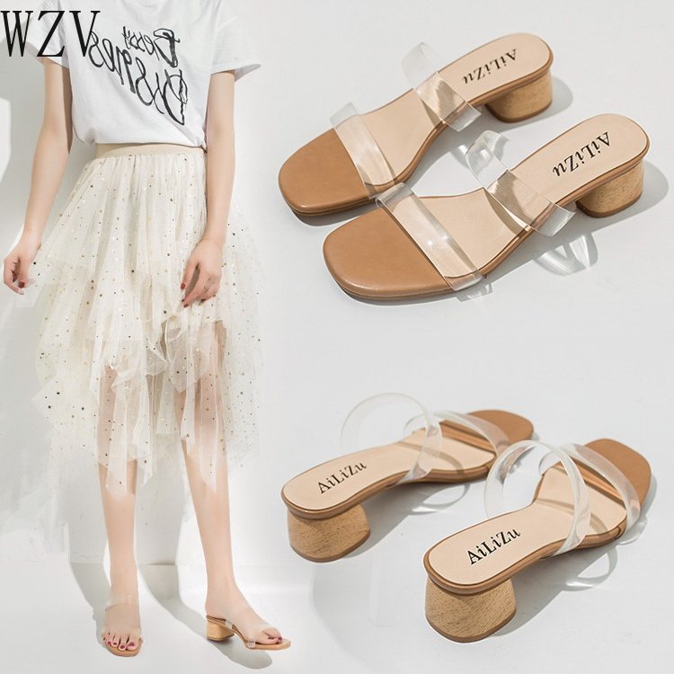 

New Summer PVC Square Heel Slip on Shoes for Women Slippers High Heel Pumps Beach Ladies Slides Bohemian Female Dress Shoes, White