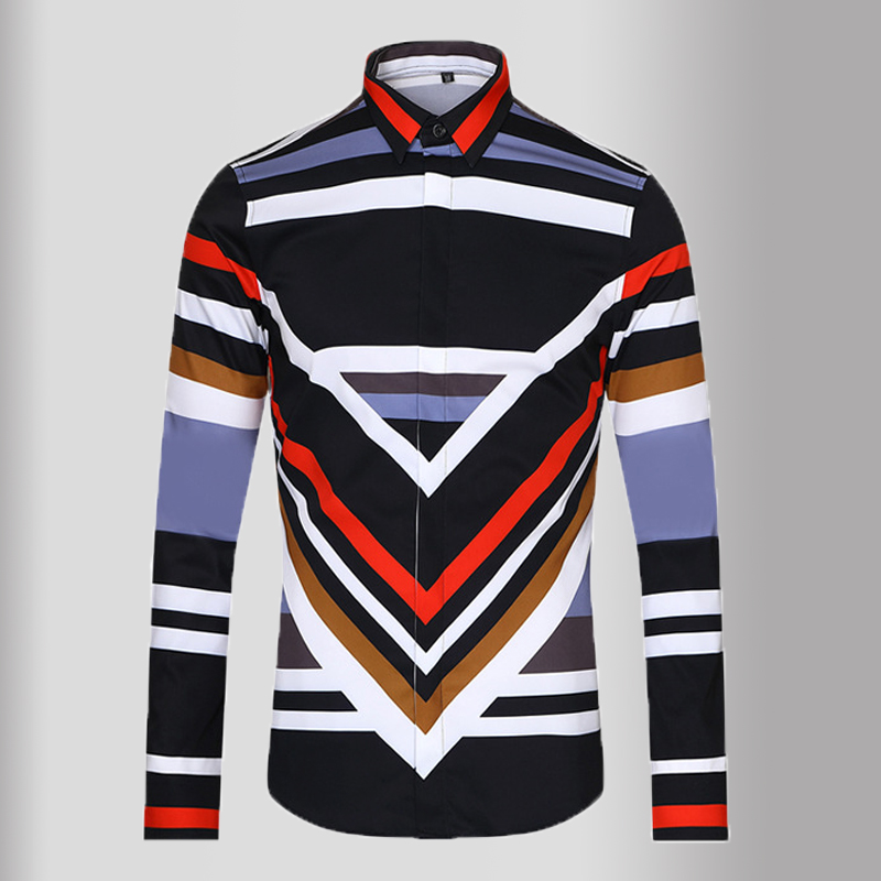 

Minglu Digital Printing Stripe Mens Shirts Luxury Long Sleeve Casual Mens Dress Shirts High Quality Slim Fit Male, Color as picture
