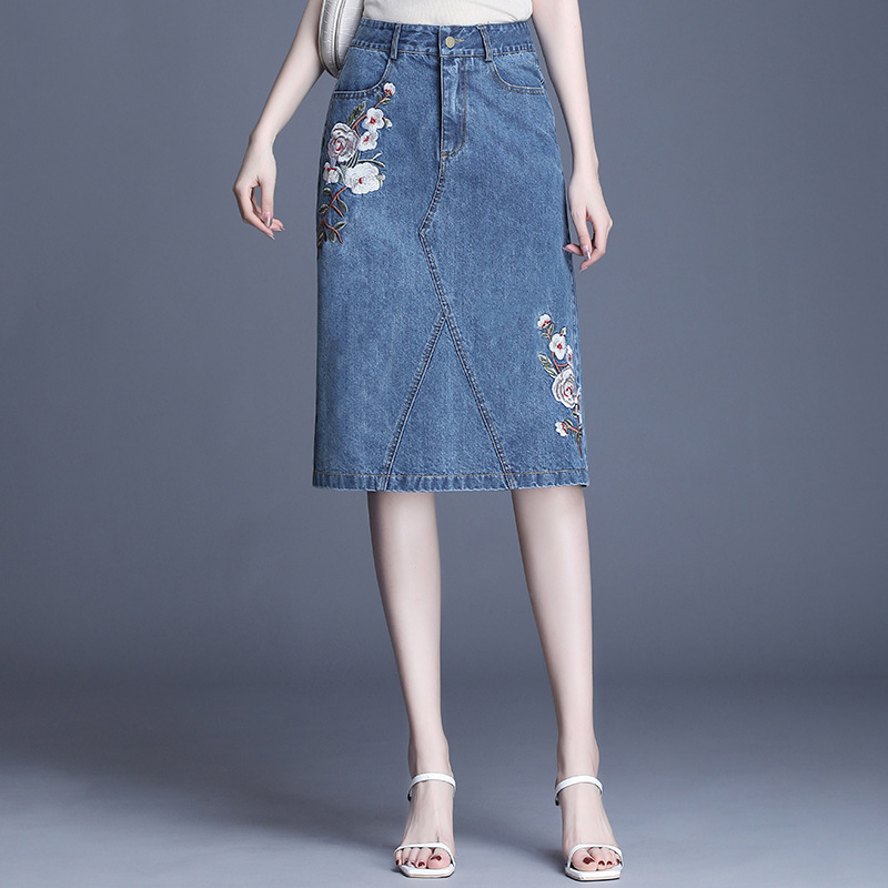 

High Waist Embroidery Blue Denim Skirt Women Summer New Slim Casual Plus Size Office Lady Elegant Chic Bodycon Jean Skirts 1626