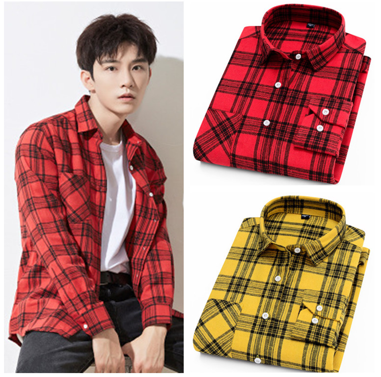

Spring Hot Sale Brushed Plaid Shirt Fashion Wild Large Version Flannel Fabric Trend Men' Casual Long-sleeved Shirt Size:-2XL, Yellow