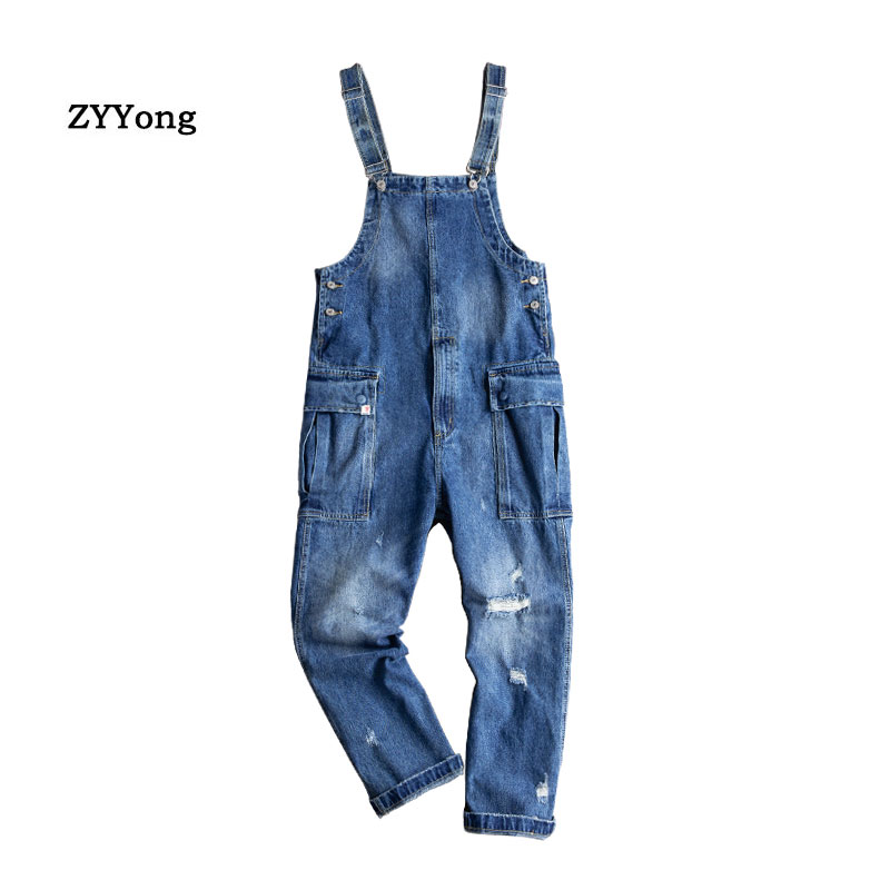 

New Loose Casual Blue Hole Denim Cargo Pants Men Overalls Ripped Tattered Jeans Japan Streetwear Hip Hop Jumpsuit Bib Trousers