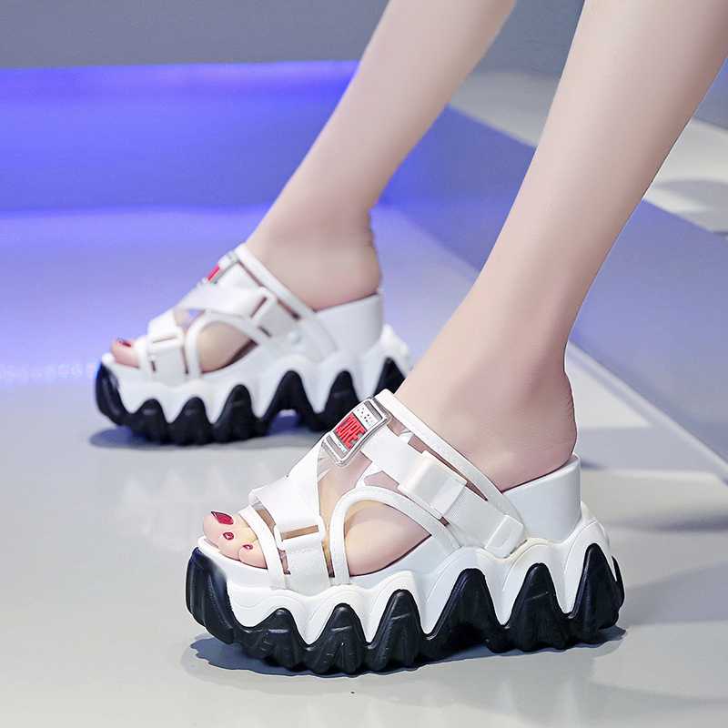 

Platform Chunky Women PVC Slippers 8cm High Wedges Shoes Woman Open Toe Designers Flip Flops Ladies Outside Casual Slides Summer, Black