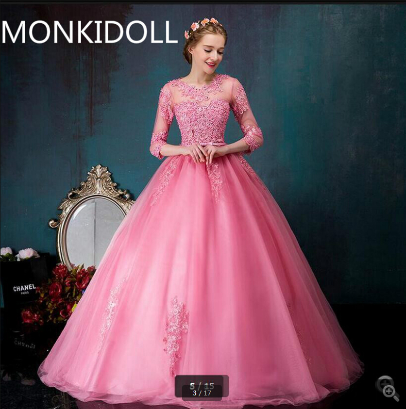 

Robe De Soiree pink 2019 ball gown 3/4 sleeve prom dress sexy lace appliques hollow back beaded with sashes cheap prom dresses hot sale, Daffodil