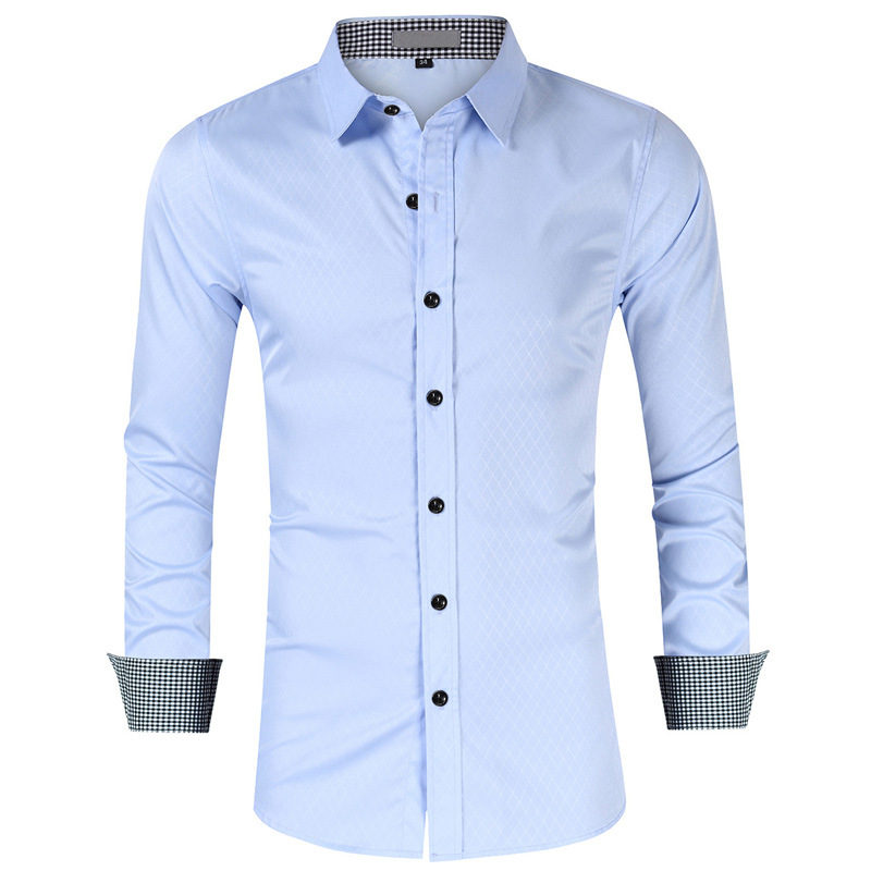 Mens Plaid Patchwork Dress Shirts Man Spring Lapel Neck Long Sleeve Business Shirt Men Fashion Solid Clothes