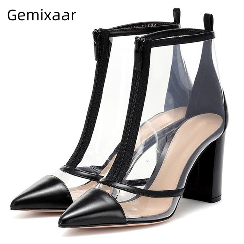 

Transparent PVC Short Boots Chic Pointed Toe Chunky Heel Leather Patchwork Fronted Zipper Runway Ankle Boots Women, Black leather