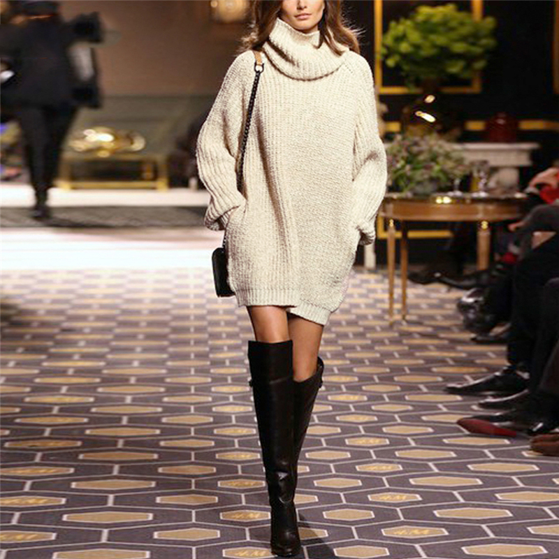 Womens 2019 Spring Knitted Dress Autumn Winter High Neck Sweater Women Long Sleeve Beige Casual Oversized turtleneck Knit Dress