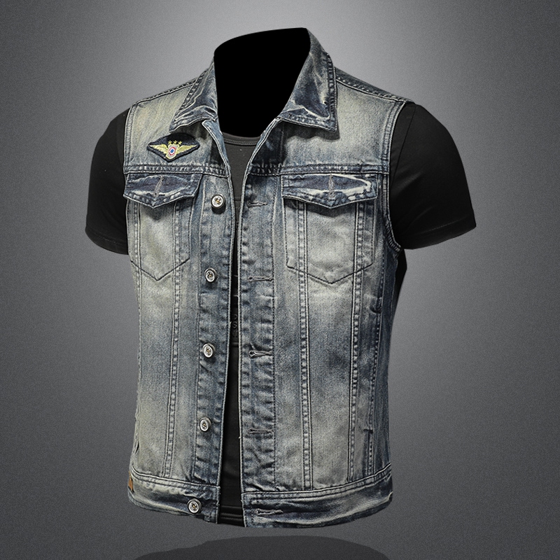 

Embroidered Badge Men' Jeans Vest Men Slim Fashion Biker Motorcycle Denim Vests Single Breasted Vintage Sleeveles Jackets, Blue